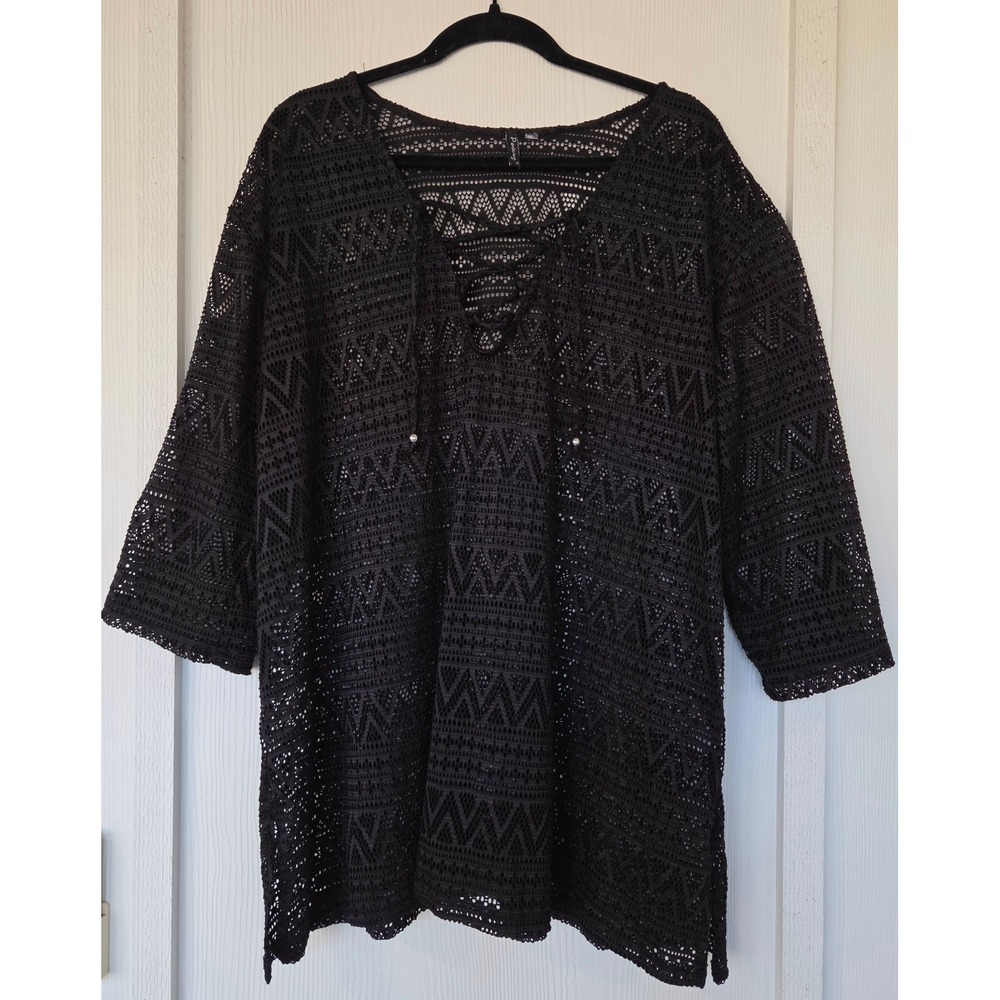 Black Crochet Lace Swim Cover Up Tunic OS Resort Vacation Ren Faire Whimsigoth - Picture 1 of 8